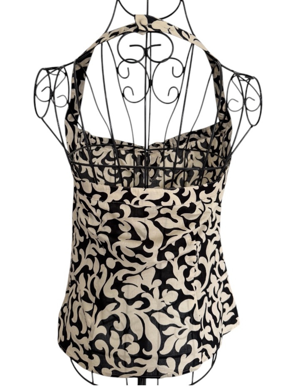 Ann Taylor Petites Halter Top 0P Black Cream Damask Baroque Print Tie Neck - Picture 7 of 13